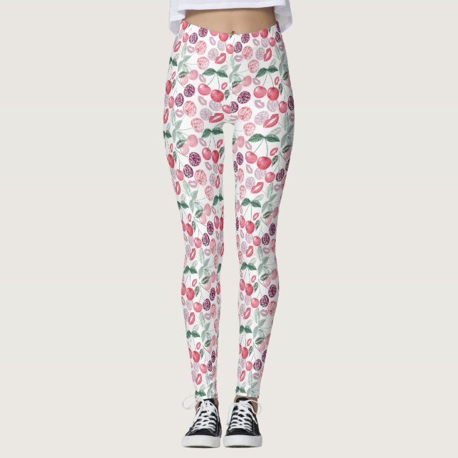 Red cherry berry fruit stylish leggings (Front)