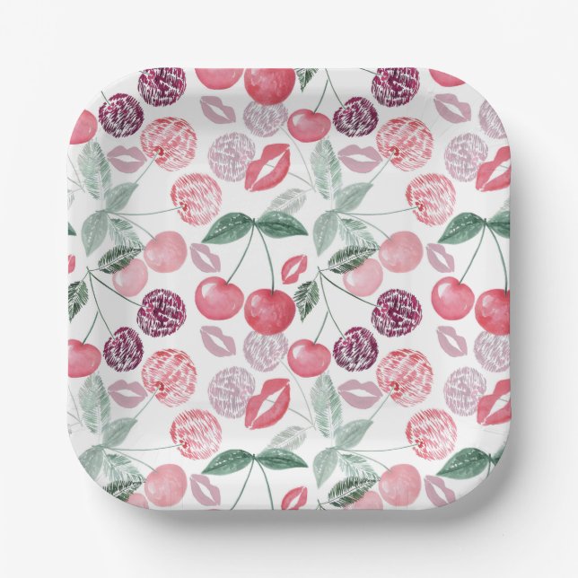 Red cherry berry fruit stylish paper plate (Front)