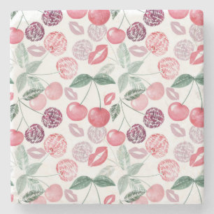 Red cherry berry fruit stylish stone coaster
