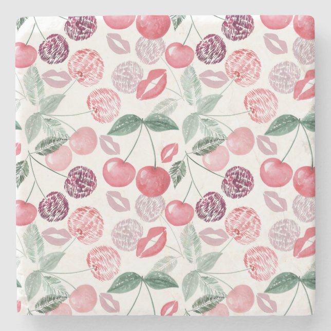 Red cherry berry fruit stylish stone coaster (Front)