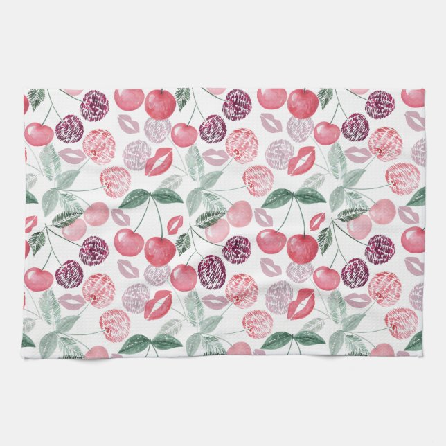 Red cherry berry fruit stylish tea towel (Horizontal)