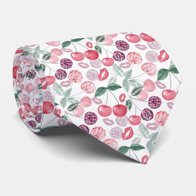 Red cherry berry fruit stylish tie (Rolled)