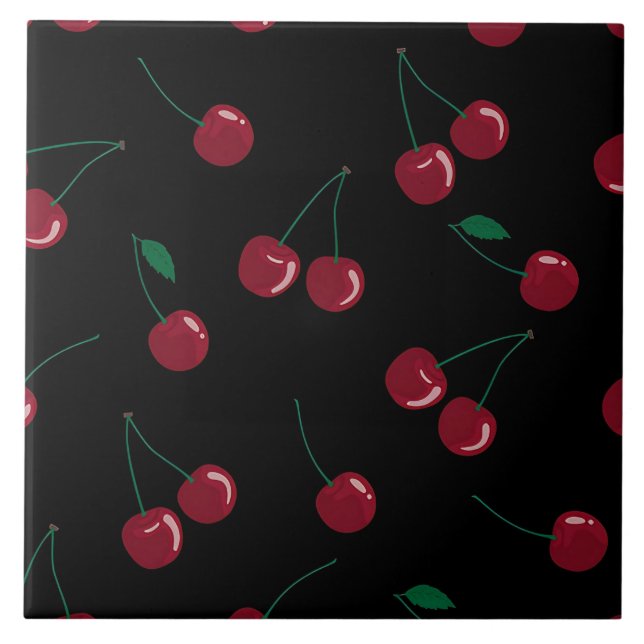 Red Cherry Black Ceramic Tile (Front)