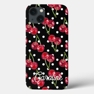 red cherry black polka dots vintage personalised  iPhone 13 case