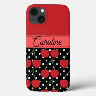 red cherry black polka dots vintage personalised  iPhone 13 case