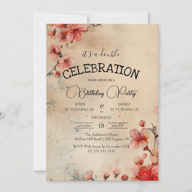Red Cherry Bloom Beige Double Birthday Party  Invitation (Front)