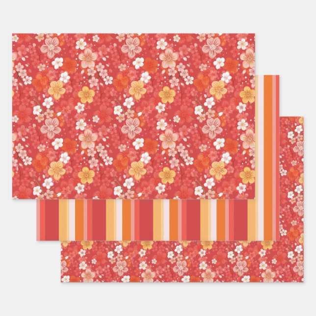 Red Cherry Blossom Bloomscape and Stripes Wrapping Paper Sheet (Set)