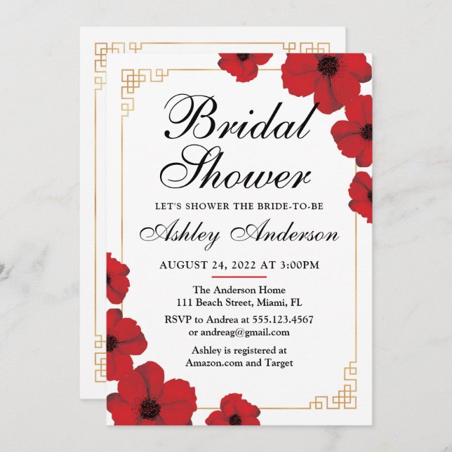 Red Cherry Blossom Chinese Bridal Shower Invitation (Front/Back)