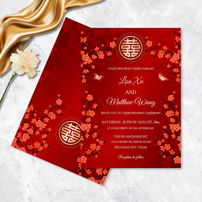 Red Cherry Blossom | Chinese Wedding Invitation (Creator Uploaded)