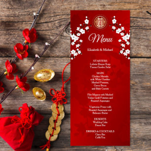 Red Cherry Blossom Chinese Wedding Menu Card