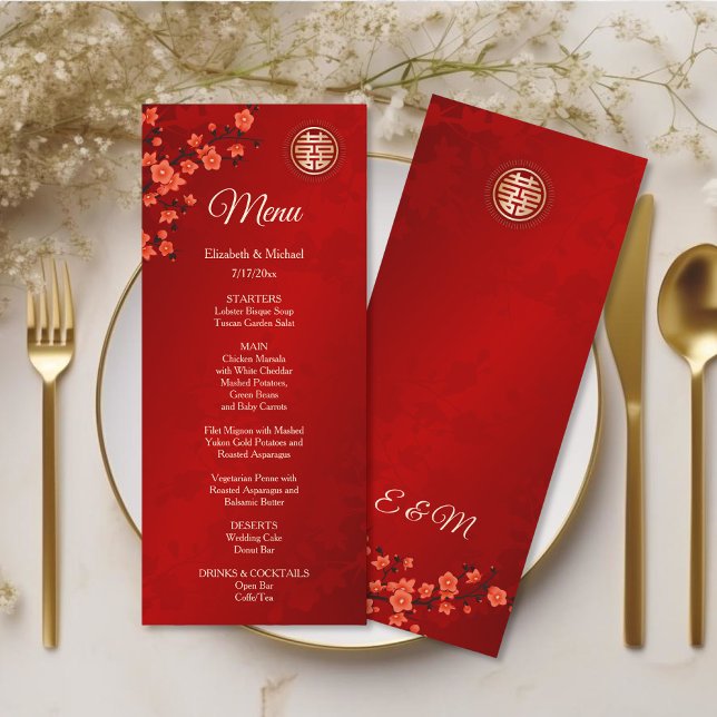 Red Cherry Blossom Chinese Wedding Menu Card (Creator Uploaded)