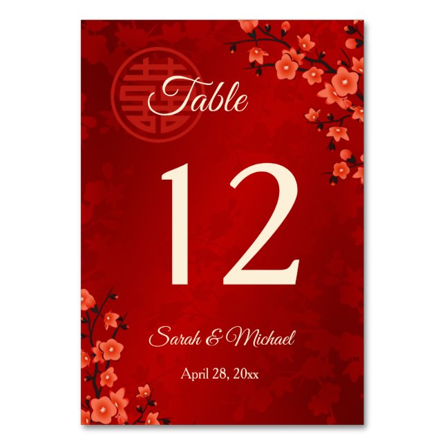  Red Cherry Blossom Chinese Wedding  Table Number (Front)