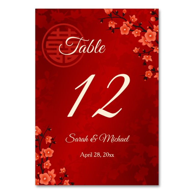  Red Cherry Blossom Chinese Wedding  Table Number (Front)