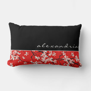 Red Cherry Blossom Floral   Black   Custom Name Lumbar Cushion