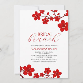 Red Cherry Blossom Floral Bridal Brunch Invitation