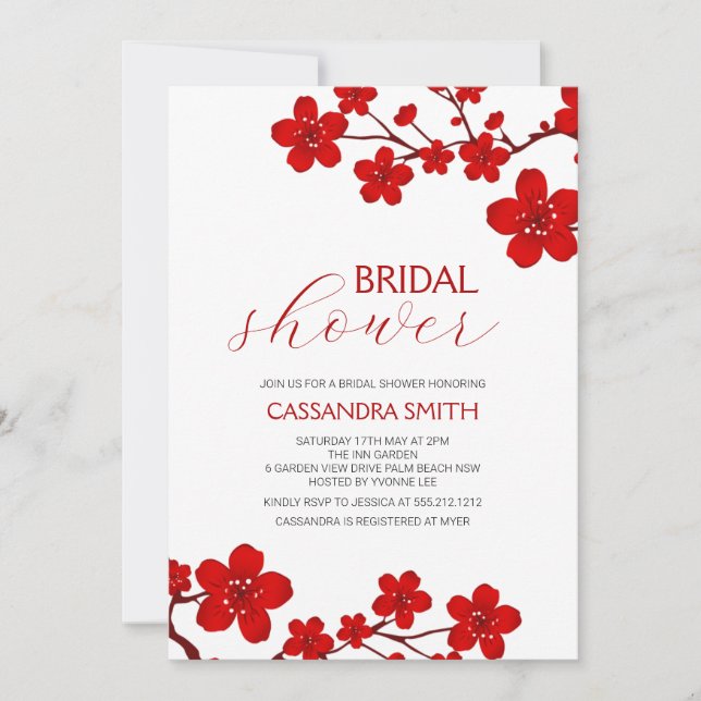 Red Cherry Blossom Floral Bridal Shower Invitation (Front)