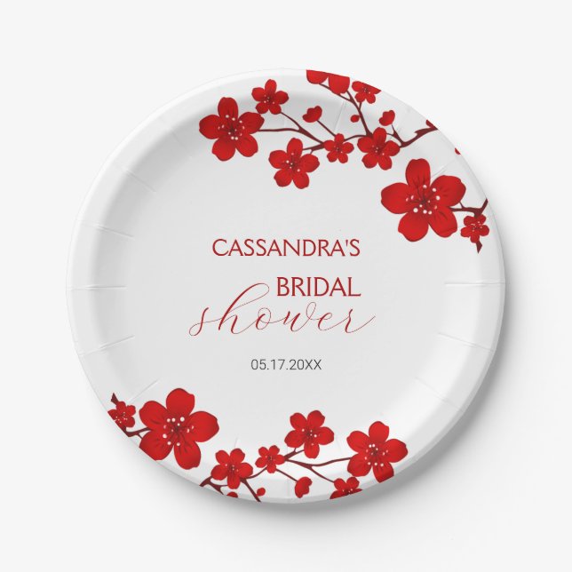 Red Cherry Blossom Floral Bridal Shower Paper Plate (Front)