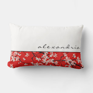 Red Cherry Blossom Floral   Personalized Name Lumbar Cushion