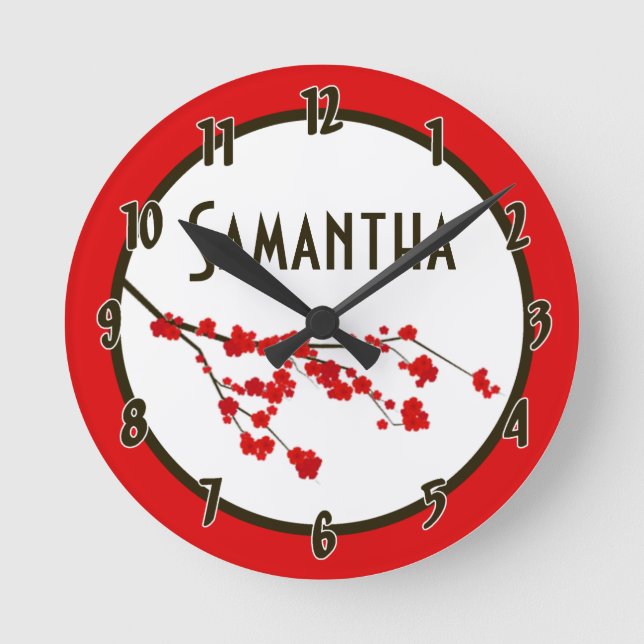Red Cherry Blossom Flower Personalised Clock (Front)