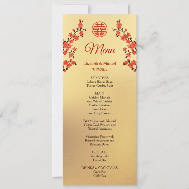 Red  Cherry Blossom Gold Chinese Wedding Menu Invitation (Front)