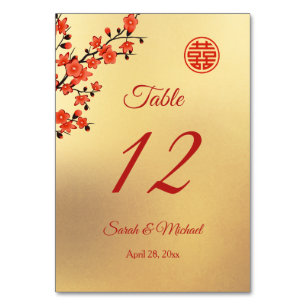 Red Cherry Blossom Gold Chinese Wedding Table Number