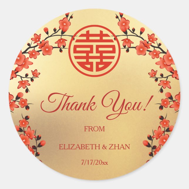 Red Cherry Blossom Gold Chinese Wedding Thank You Classic Round Sticker (Front)