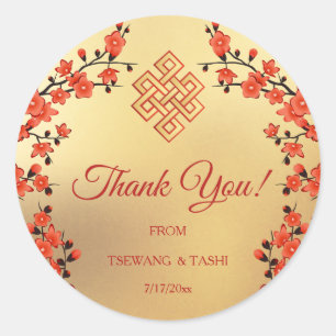 Red Cherry Blossom Gold Tibetan Wedding Thank You Classic Round Sticker
