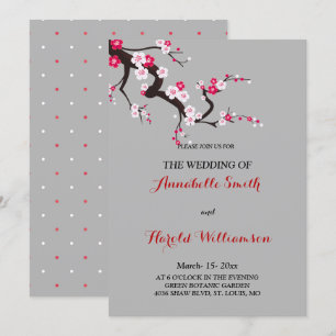 Red Cherry Blossom Pink White floral wedding card