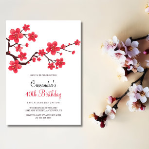 Red Cherry Blossom Sakura Floral 40th Birthday Invitation