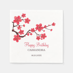 Red Cherry Blossom Sakura Floral Birthday Napkin