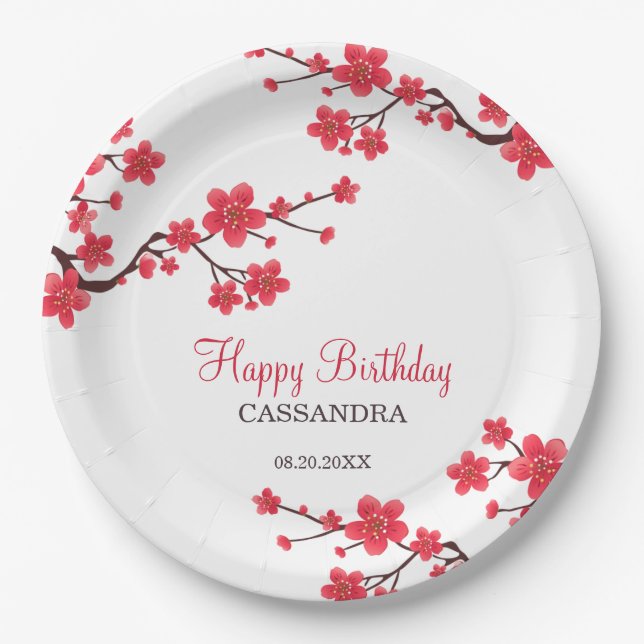 Red Cherry Blossom Sakura Floral Birthday Paper Plate (Front)