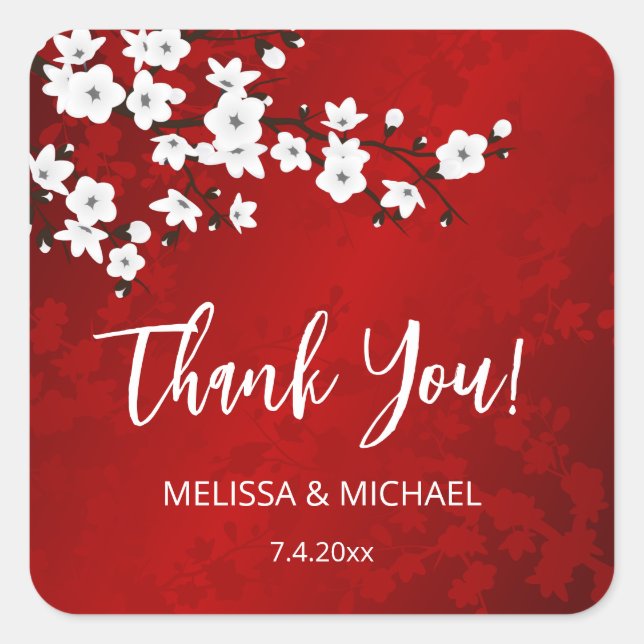Red Cherry Blossom Thank You Wedding Favor   Square Sticker (Front)