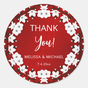 Red Cherry Blossom Thank You Wedding Favour   Classic Round Sticker