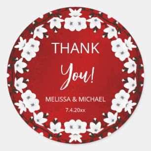 Red Cherry Blossom Thank You Wedding Favour Classic Round Sticker