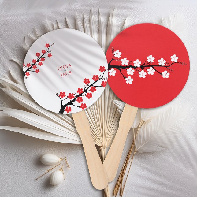 Red Cherry Blossom Themed Wedding Hand Fan (Creator Uploaded)