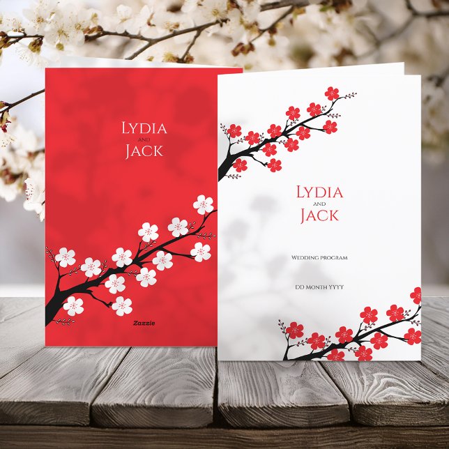 Red Cherry Blossom Themed Wedding Program (Creator Uploaded)