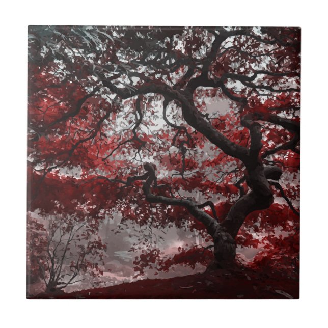 Red Cherry Blossom Tree Ceramic Tile (Front)