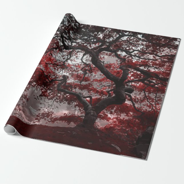 Red Cherry Blossom Tree Wrapping Paper (Unrolled)