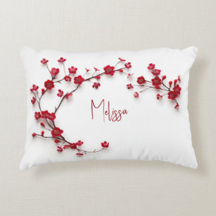 Red Cherry Blossoms Add Name Decorative Cushion