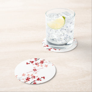Red Cherry Blossoms And Double Xi Chinese Wedding  Round Paper Coaster