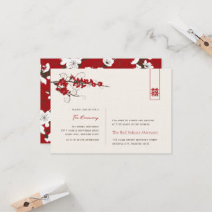 Red Cherry Blossoms Chic Asian Wedding Reception Invitation