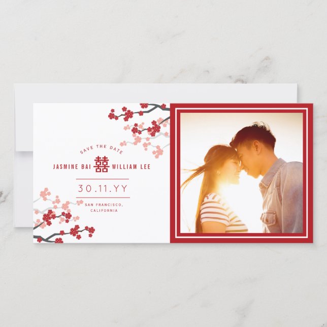 Red Cherry Blossoms Chinese Double Happiness Photo Save The Date (Front)