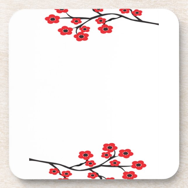 Red Cherry Blossoms Cork Coaster (Front)