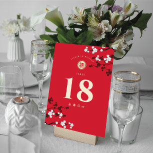 Red Cherry Blossoms Double Happiness Asian Wedding Table Number