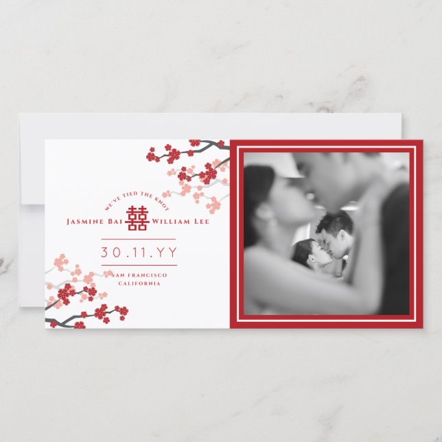 Red Cherry Blossoms Double Happiness Photo Wedding Announcement (Front)