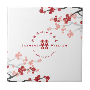 Red Cherry Blossoms Double Xi Chinese Wedding Gift Ceramic Tile