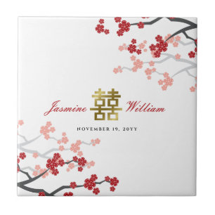 Red Cherry Blossoms Elegant Chinese Wedding Favour Ceramic Tile