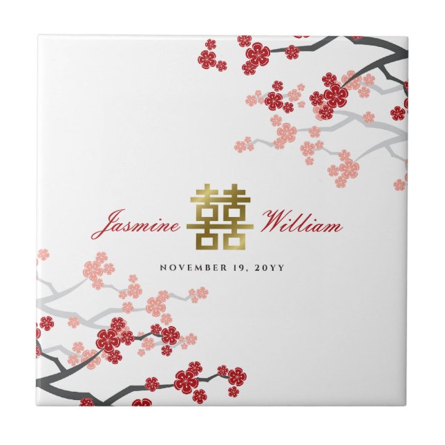 Red Cherry Blossoms Elegant Chinese Wedding Favour Ceramic Tile (Front)