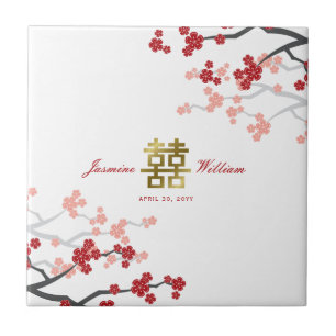 Red Cherry Blossoms Elegant Chinese Wedding Favour Ceramic Tile