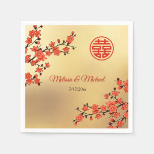  Red Cherry Blossoms Gold Chinese Wedding Custom Napkin